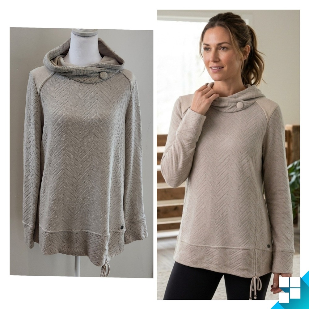 Prana Chevron Pointelle Knit Cowl Neck Pullover Hoodie Sweater Size L